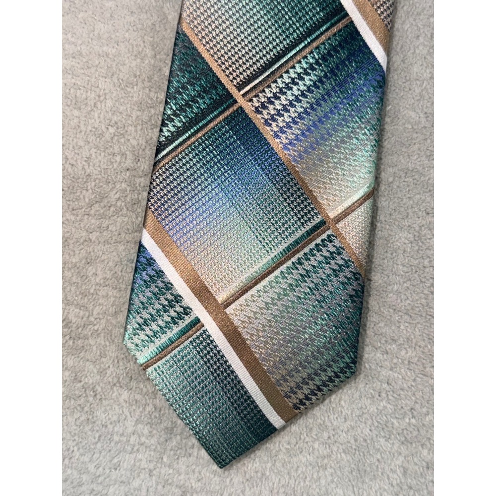 Van Heusen Mens Silk Necktie Green Blue Brown Geometric Houndstooth Patchwork